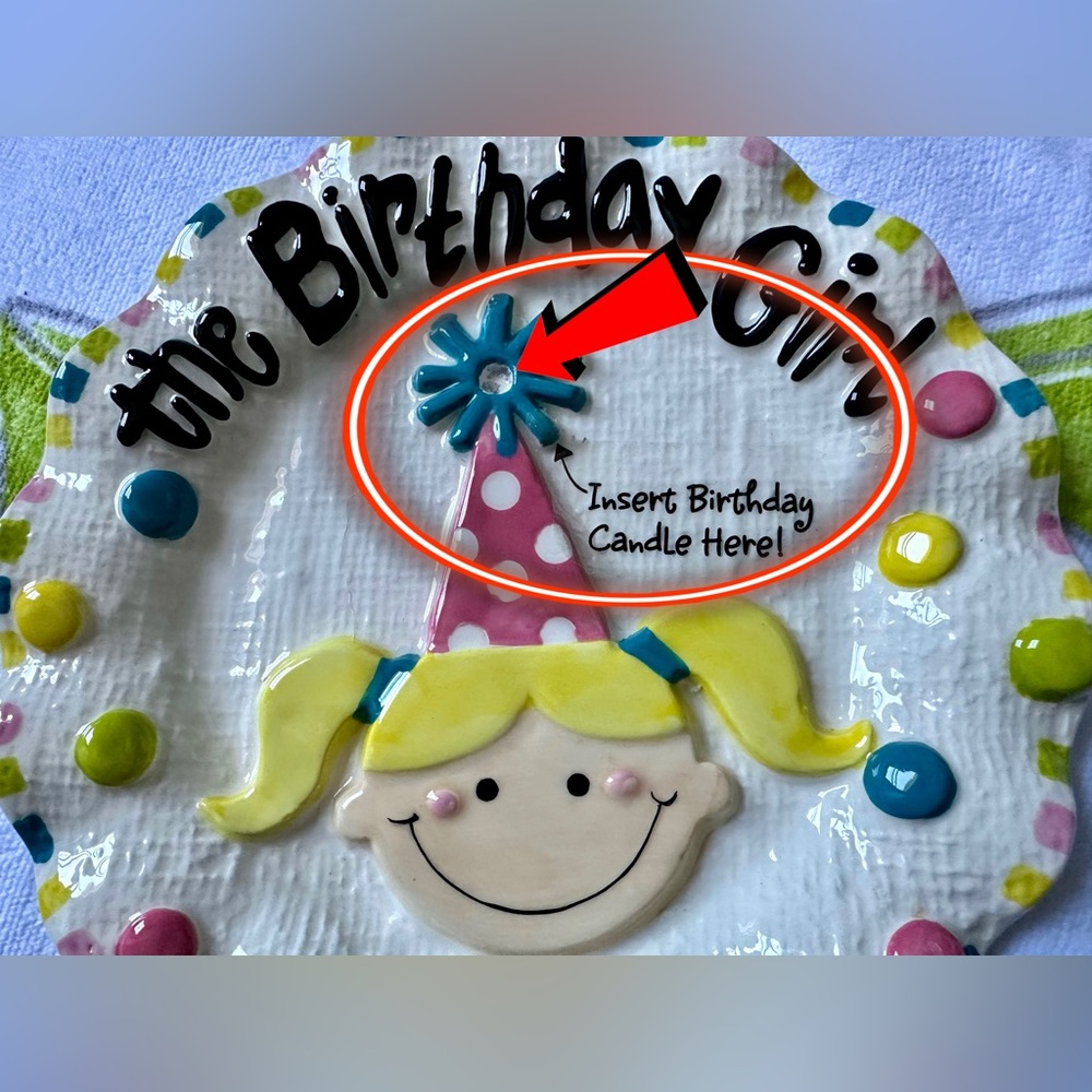 Birthday Girl Ceramic Cake Plate — Yellow, Pink & Blue with single candle holder
